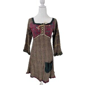 Ian Mosh 1989 VTG Y2K Dress Lace-up Plaid Velvet Trims Size 1 Bohemian Emo